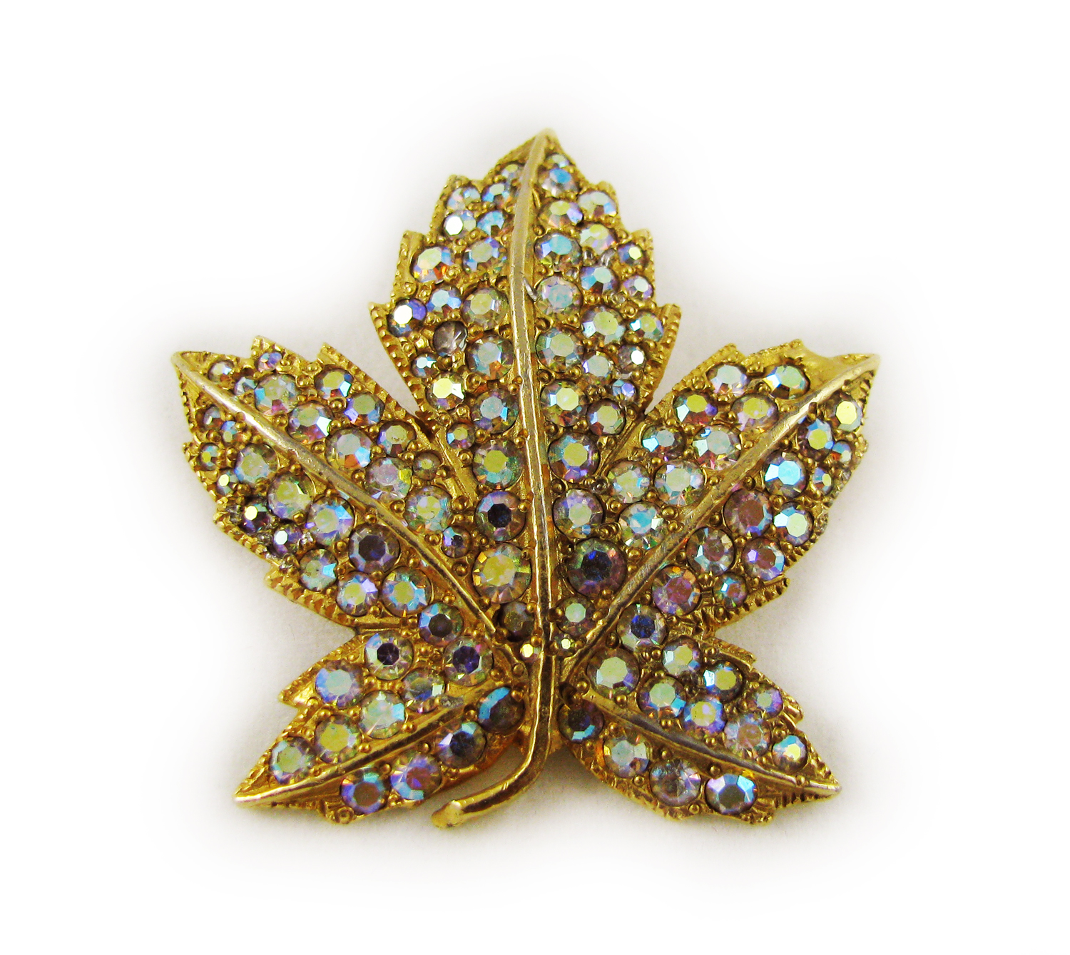 1970's Borealis Rhinestone Leaf Brooch